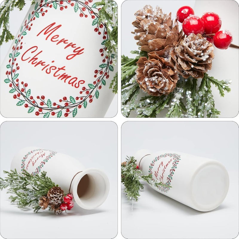 Wortour Artificial Christmas 3-Piece Set Flocked with Mixed Xmas Decorations Ceramic White Bottles - Image 2